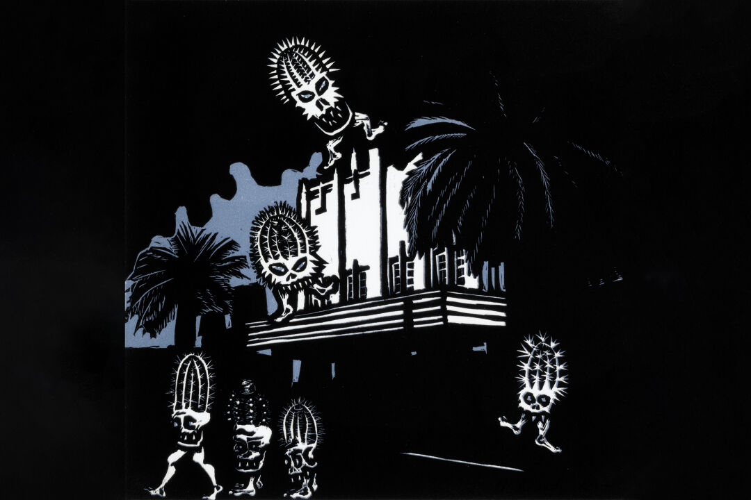 Ute BRAATZ / The Wild Empire 2017 / reduction linocut on paper / print: 25 x 25cm, frame: 50 x 50cm / Toowoomba Regional Art Gallery – Toowoomba City Collection 2255 / Photographer: Carl Warner / © Ute Braatz
