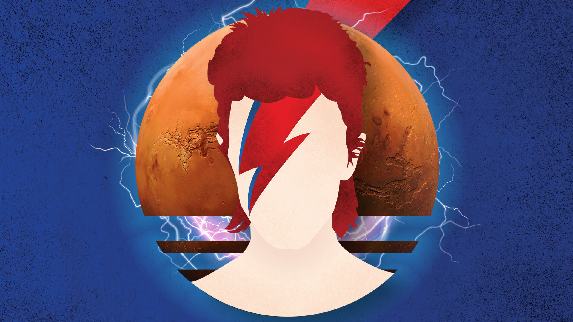 An abstract image featuring the iconic David Bowie and a red flash.
