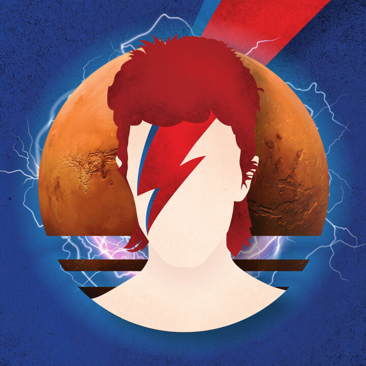 An abstract image featuring the iconic David Bowie and a red flash.